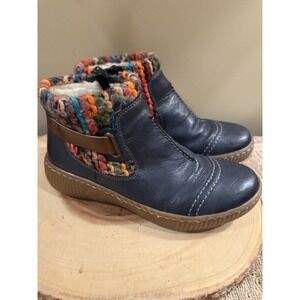 Riekers Felicitas Bootie Boho Boots Navy Blue Leather Shearling Lined (37)Sz-7